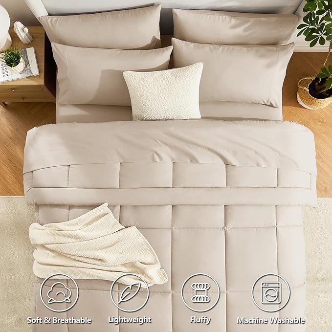 CozyLux Full Size Comforter Set Wheat, 7 Pieces Bed in a Bag, Wheat Comforter Full Size, All Season Bedding Sets with Stitch Quilted Comforter, Flat Sheet, Fitted Sheet, Pillowcases