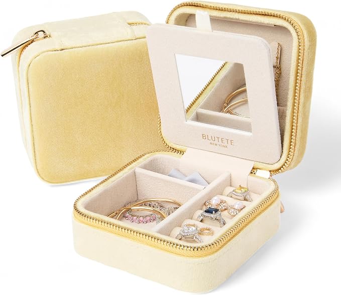 BLUTETE Travel Jewelry Box Organizer Velvet Travel Case With Mirror Ring Earrings Necklaces Storage Organizer Box (Lemon Yellow) by BLUTETE