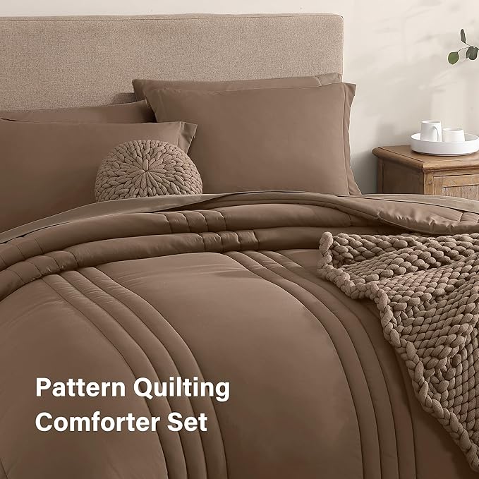 Monbix Super King Size Comforter Set - 7 Pieces Raw Umber Bed in a Bag Super King Bedding Sets with Comforters, All Seasons Comforter Bed Set with Sheets,Pillowcases & Shams
