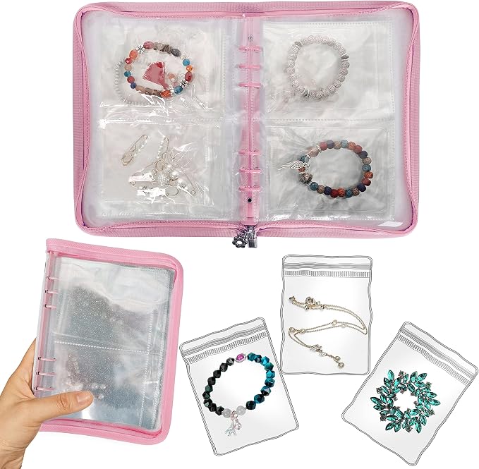 Bracelet Holder Travel Jewelry Organizer Case Transparent Jewelry Storage Book for Earring Necklace Ring with Small Clear Zippered Pouch by LingLingo