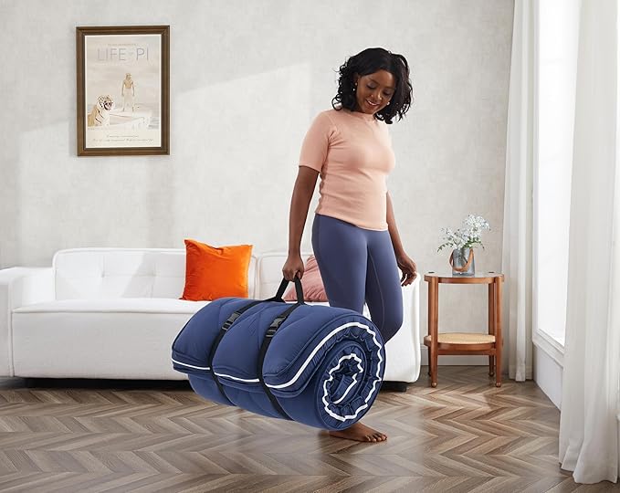 4Inch Floor Mattress,3 Layer Structure Cot Mattress Topper,Gel Memory Foam Futon Mattress,Removable Thickened Cover,Portable Roll Up Sleep Pad (Blue, 75X30)