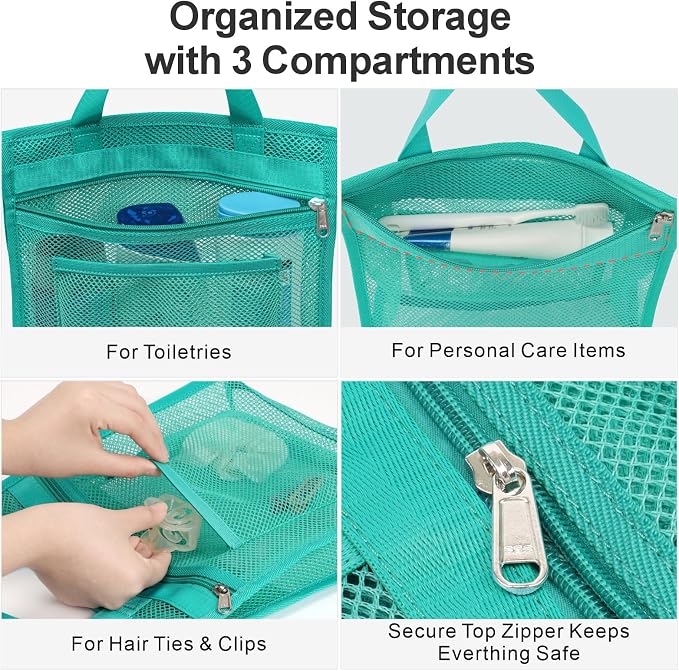 F-color Mesh Shower Caddy Portable Hanging - 3 Pockets Small Shower Bag Tote for Camping, Gym, Travel, Toiletry, Quick Dry Bathroom Essentials with S Hook, Mint Green - Image 5