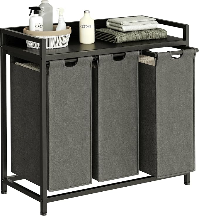 Herture Laundry Hamper with Shelf, Laundry Basket 3 Section, Laundry Sorter with Pull-Out Removable Large Bags and Movable Wheels, Metal Frame, 3 x 15.87 Gallons (60L), Black and Gray PF04XLC by Herture