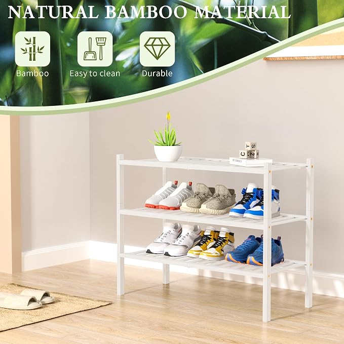 ROMGUAR CRAFT 3 Tier Bamboo Shoe Rack for Closet Free Standing Wood Shoe Shelf Storage Organizer for Entryway Small Space Stackable 27"x11"x20" (White) - Image 6
