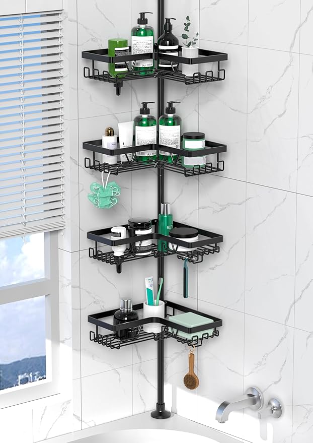 DAOYA Corner Shower Caddy Tension Pole - 4 Tier Stainless Steel Rustproof Shower Corner Caddy for Bathtub Bathroom Shower Organizer Shelves Adjustable Pole 25-114.2 Inch Black by DAOYA