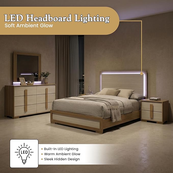 Kings Brand Furniture 6-Piece Natural/White Bedroom Set - King Size Bed with LED Lights, Dresser, Mirror, Chest and 2 Nightstands