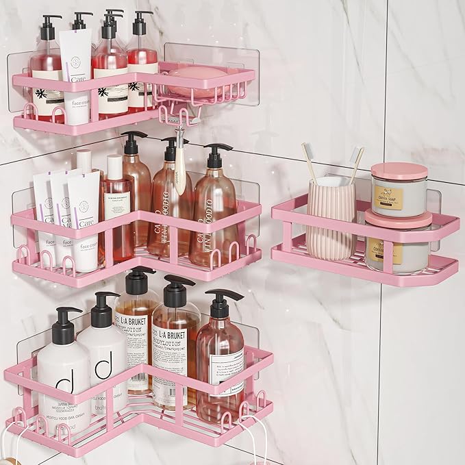 Youvip 4-Pack Adhesive Corner Shower Caddy with Soap Holder, No Drilling Wall Mounted Shower Shelves-Rustproof, Organizer for Bathroom, Kitchen & Home Decor. Pink by YOUVIP