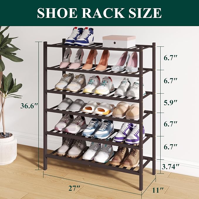 Smiry Bamboo Shoe Rack for Closet, 6 Tier Wooden Stackable Shoe Organizer, Free Standing Shoes Storage Shelf for Entryway, Front Door Entrance, Brown - Image 2