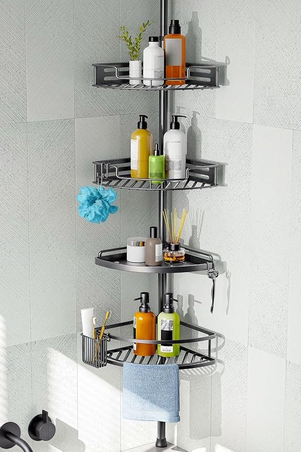 HAMITOR Corner Shower Caddy Tension Pole: Quick Installation 4-Tier Rustproof Bathroom Organizer Shelves for Bathtub Shampoo Storage - 47-121 inch Adjustable Floor Standing Bath Rack Holder Gray by HAMITOR