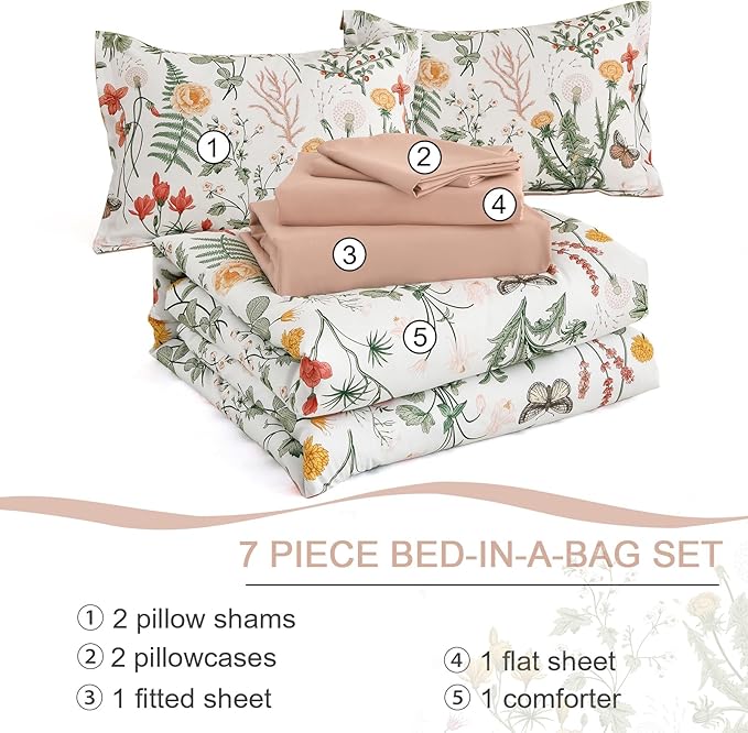 Yiran 7 Piece Floral Comforter Set Queen Size, Pink Green Summer Comforter Bedding Set, Botanical Bed in a Bag with Flowers Pattern, Soft Microfiber Complete Bedding Set with Sheets for All Season