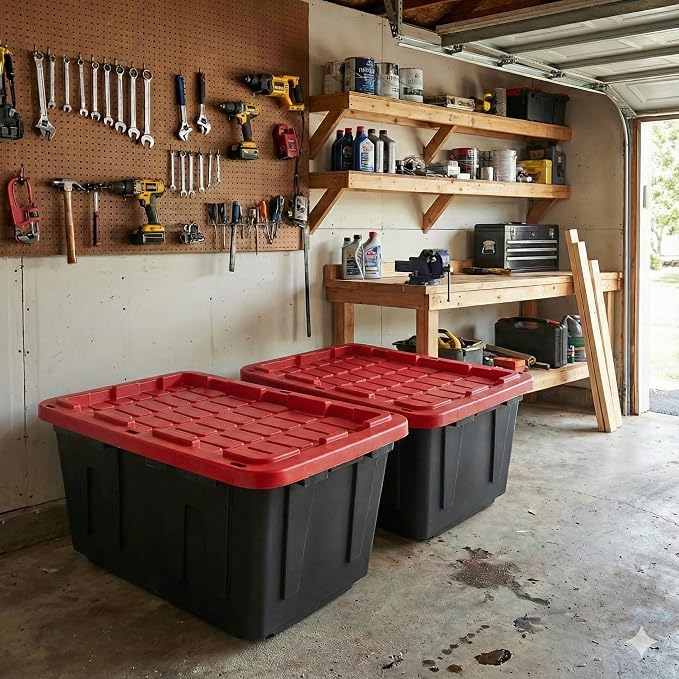 27 Gal Industrial Tote,4 Pack Plastic Storage Bins with Lids Tough Large Storage Bin,Black with Red Lid Plastic Storage,Stackable & Nestable for Garage, Basement, or Outdoor (4 Pack) - Image 7