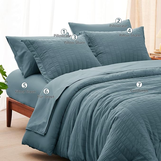 CozyLux King Size Comforter Set Mineral Blue Seersucker 7 Pieces Bed in a Bag King Comforter Set with Sheets, Luxury Soft Bedding Sets with Down Alternative Comforter, Sheets, Pillowcases & Shams