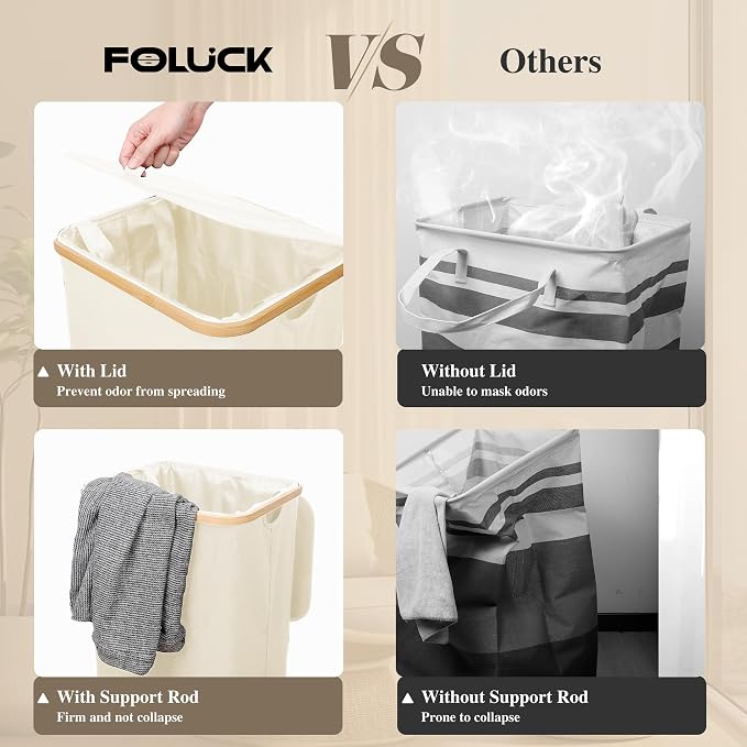 Foluck Large Laundry Hamper, 75L Waterproof Laundry Basket with Lid and Removable Bag, Collapsible Tall Clothes Hamper with Bamboo Handles for Clothes Toys in Dorm Bedroom Bathroom, Beige - Image 4