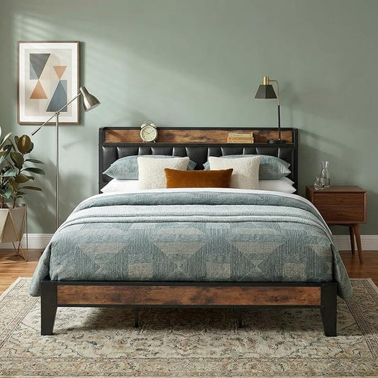 LIKIMIO California King Bed Frame, Storage Headboard with Charging Station, Solid and Stable, Noise Free, No Box Spring Needed, Easy Assembly (Vintage and Black)