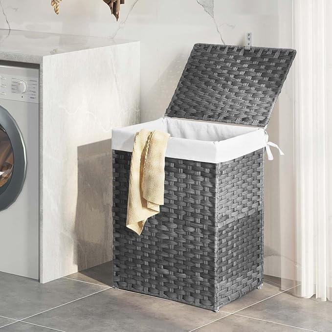 Greenstell Laundry Hamper with Lid, 90L Clothes Hamper with 2 Removable Liner Bags & 2 Mesh Laundry Bags, Handwoven Synthetic Rattan Laundry Basket for Clothes, Toys in Bathroom, Bedroom Grey - Image 8