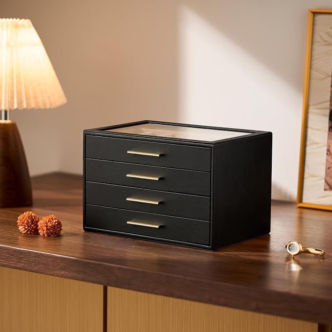 pickpiff Jewelry Box Organizer Case for Women: 4-Layer Jewelry Storage Case with Glass Window, Black Leather with Blush Velvet, Holder for Ring Necklace Bracelet Brooch Watch, Great Gift for Her - Image 5