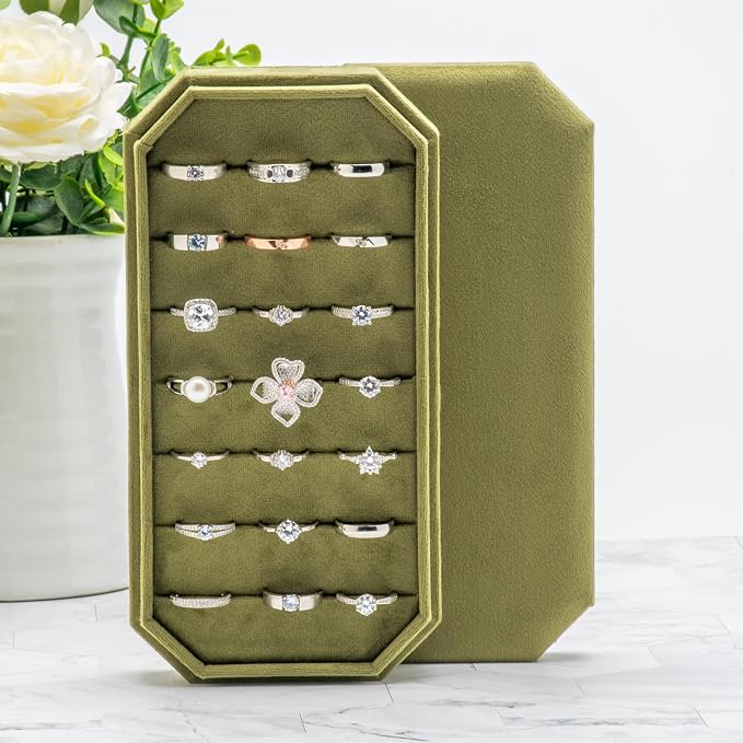 Velvet Ring Organizer Display Tray Jewelry Box Earring Holder Case for Wedding Birthday Christmas Day (Olive Green) - Image 5