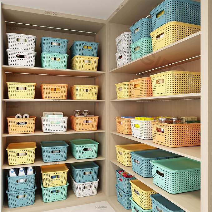 ORGIDOL Plastic Storage Basket with Lids 10 Pack Stackable Colorful Storage Bins Containers with Lid, Decorative Storage Boxes for Organizing Shelves, Drawers, Playroom, Classroom, Office, Closet - Image 2