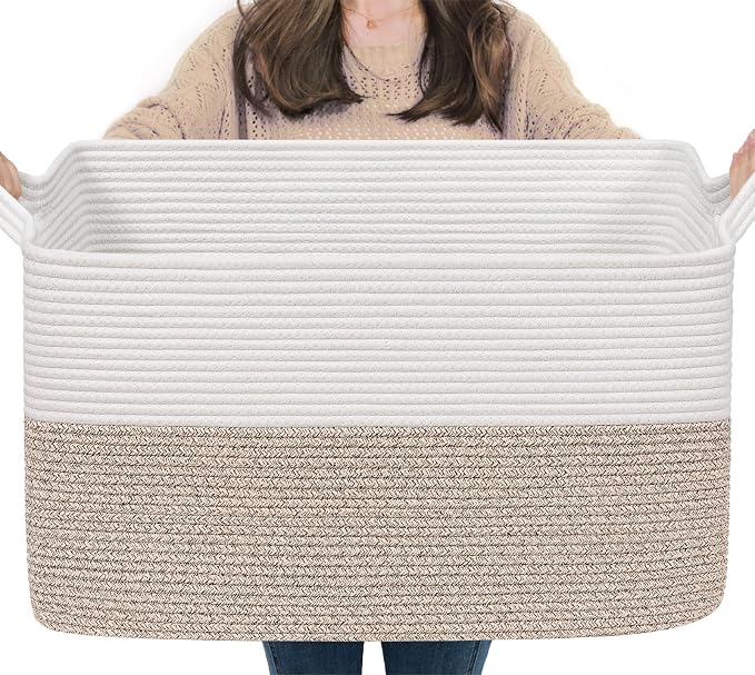 Goodpick Large Blanket Basket 22" x 17" x 12" Woven Storage Baskets for Organizing, Rectangle Cotton Rope Basket for Living Room Bedroom, Toy Baskets Storage Kids, White & Brown by Goodpick