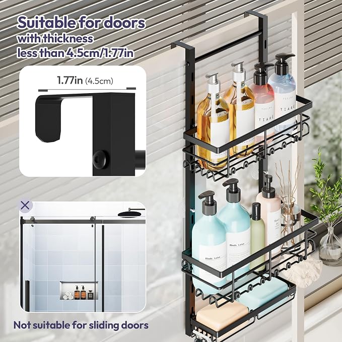 SWTYMIKI Over The Door Shower Caddy - 3 Tier Rustproof Hanging Shower Organizer with Adjustable Shelves, 28 Hooks & Soap Holder, Hanging Shower Rack Storage for Bathroom Accessories, Black - Image 5