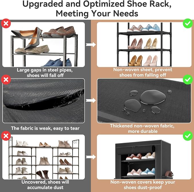 LANTEFUL Narrow Shoe Rack with Cover 10 Tier Tall Shoe Rack Organizer Large Capacity Shoe Shelf Storage 18-22 Pairs Space Saving Free Standing Shoe Storage Organizer for Closet, Entryway, Dorm, Black - Image 7