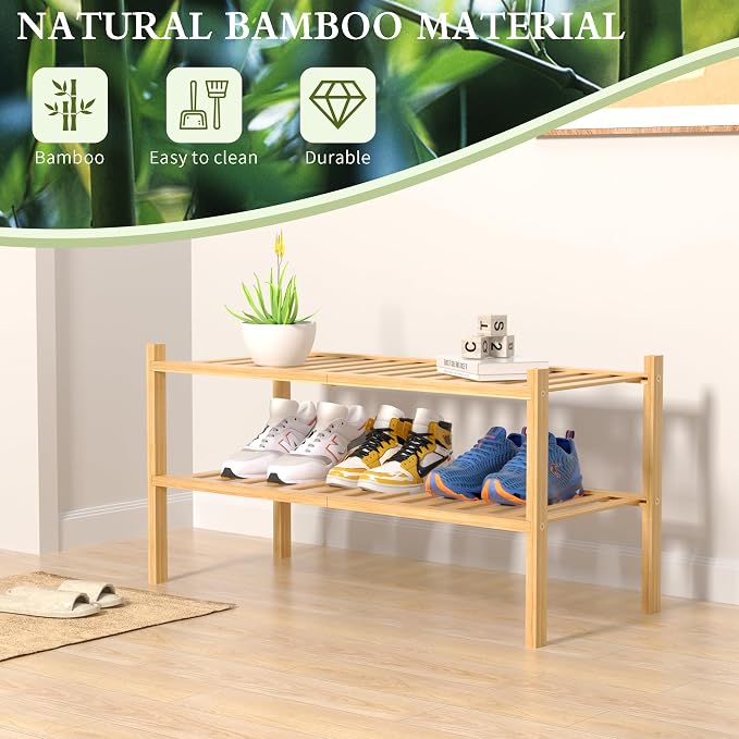 ROMGUAR CRAFT 2 Tier Bamboo Shoe Rack for Closet Free Standing Wood Shoe Shelf for Entryway Small Space Stackable 27"x11"x13" (Natural) - Image 6