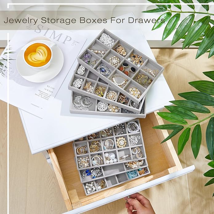 Junkin 12 Pcs Jewelry Tray Velvet Stackable Jewelry Organizer Trays Divided Earring Accessories Storage Containers Box (Rose Red) - Image 5
