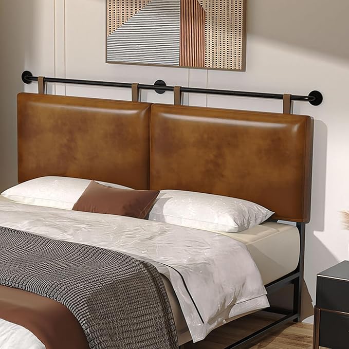 BSHOMGI King Headboard Only Wall Mount PU Leather Head Board Brown Hanging Headboards Industrial Pipe Modern Bed Backboard for Bedroom