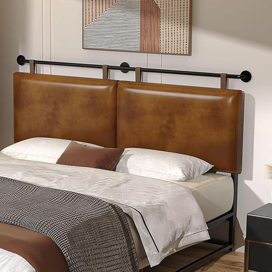 BSHOMGI King Headboard Only Wall Mount PU Leather Head Board Brown Hanging Headboards Industrial Pipe Modern Bed Backboard for Bedroom