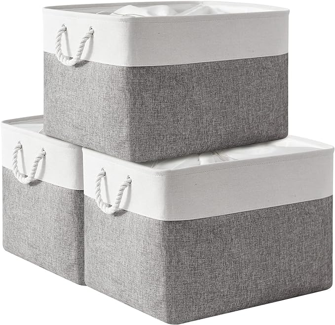 TheWarmHome Storage Bins Baskets for Organizing, 20.5L×15.7W×13.8H 3 Pack Sturdy Fabric Storage Basket W/Handles, Decorative Foldable Storage Baskets for Shelves Closet Nursery Toy (White & Grey) by TheWarmHome