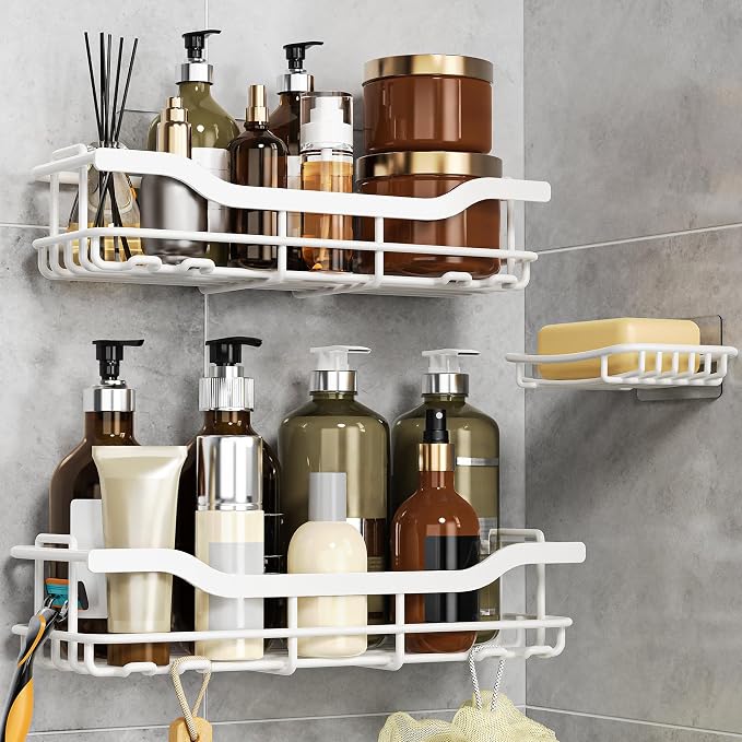 OMAIRA 3-Pack Shower Caddy with Soap Holder, Adhesive Rustproof No-drill Strudy Loading Inside Shower Organizer Shelves Rack Storage Bathroom Organization for Smooth Wall Glass Tile, White (X-Large) - Image 2