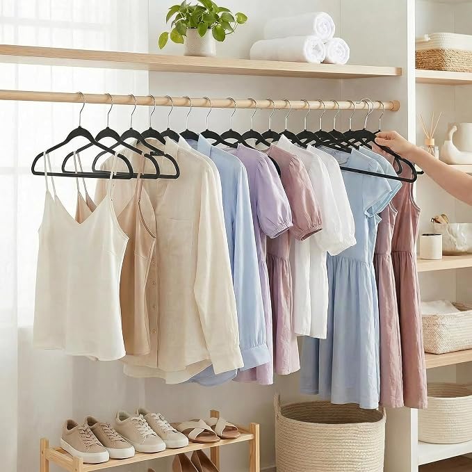 Smarter Plastic Hangers 200 Pack - Thin Hangers Non-Velvet with 360° Swivel Chrome Hook & Notches, Sweater Hanger No Shoulder Bump - Ideal for Dresses, Coats, Shirt, Jacket, Sweater - Black - Image 9