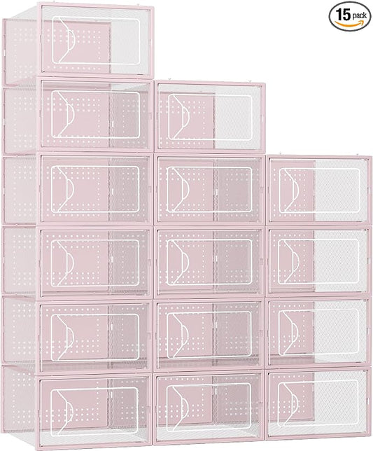Foluck Shoe Storage Box, 15 Pack Clear Plastic Stackable Shoe Organizer for Closet, Interlocking Design Shoe Container Bins for Sneakers, Foldable Shoe Rack with Lids, Pink by Foluck
