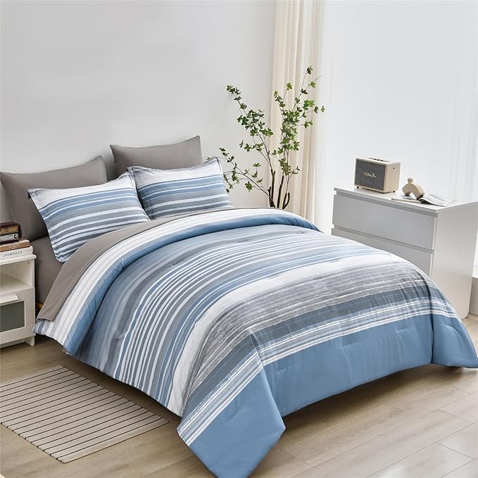 KAKIJUMN 7 Piece Bed in a Bag Stripe Comforter Set King Size, White Grey Blue Patchwork Striped Comforter and Sheet Set, All Season Soft Microfiber Complete Bedding Set(Light Blue,King)