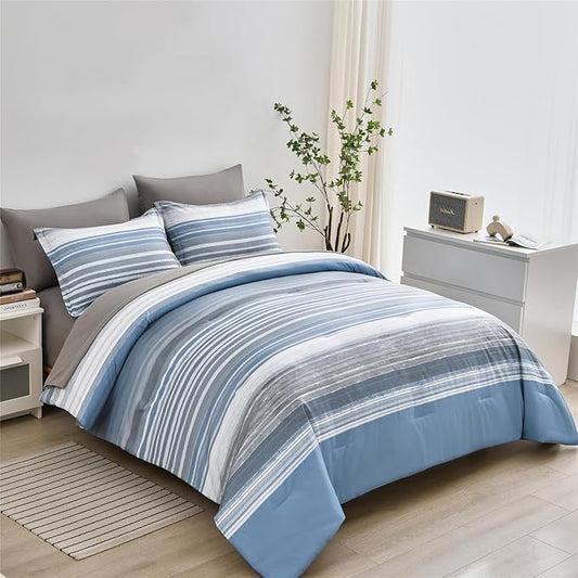 KAKIJUMN 7 Piece Bed in a Bag Stripe Comforter Set Queen Size, White Grey Blue Patchwork Striped Comforter and Sheet Set, All Season Soft Microfiber Complete Bedding Set(Light Blue,Queen)