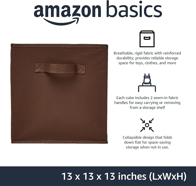Amazon Basics Collapsible Fabric Storage Bins with Handles, Cube Organizer for Home Organization, 13" x 13" x 13", Brown, 6-Pack - Image 2