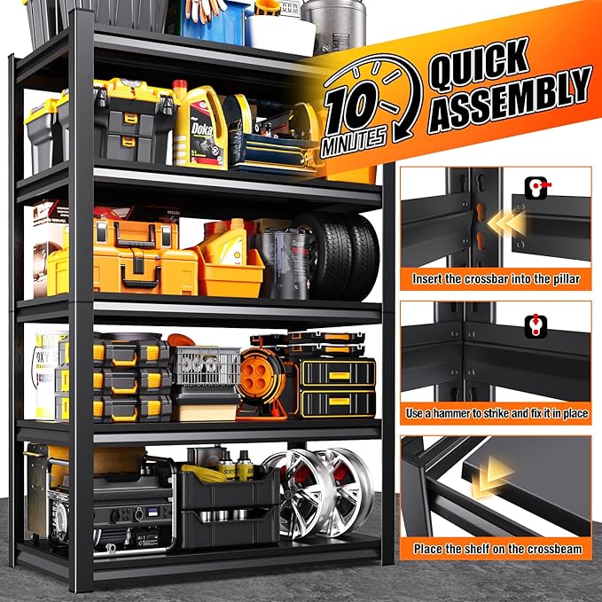 72''H 36''W Storage Shelves,2500LBS Garage Shelving ,Adjustable Garage Shelves ,Heavy Duty Metal Shelving, 5 Tier Wood Utility Steel Shelf, Shelving Units and Storage Rack fo Kitchen Pantry Laundry - Image 6