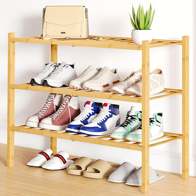 Smiry Shoe Rack, 3 Tier Bamboo Shoe Organizer, Stackable Free Standing Wooden Shoe Storage Shelf for Closet, Entryway, Front Door Entrance, Natural by Smiry