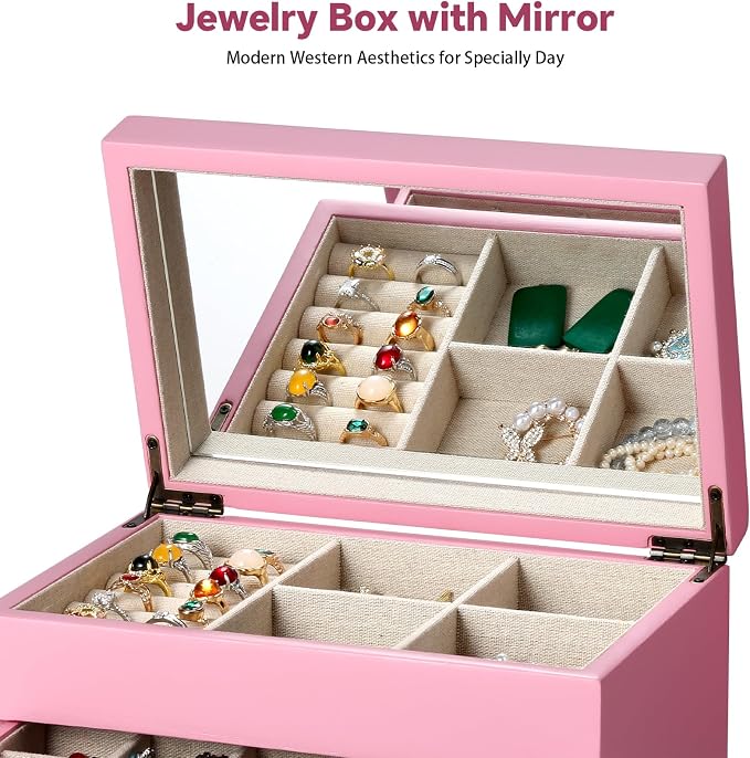 Meangood Jewelry Box Organizer for Women, 3 Layer Large Jewelry Storage Case, Rustic Wooden Jewelry Box with Mirror & Ring Tray for Necklace Earring Bracelets Rings, Vintage Style (Pink) - Image 4