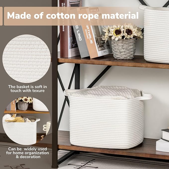 Goodpick White Woven Rope Basket with Handles, Medium Rectangle Basket for Books, Toys, Towels, Square Decorative Baskets for Living Room, Nursery, Shelf Baskets for Bedroom, 13" x 10" x 9" - Image 4