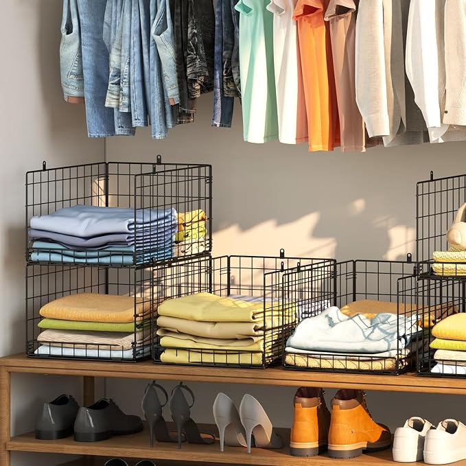 4 Pack Closet Organizers and Storage Shelves for Clothes, 4 Tier Stackable Closet Storage Basket Bin Container for Clothing Sweater Jean, Narrow, Foldable, Sturdy Metal System Organizer Shelf - Image 2