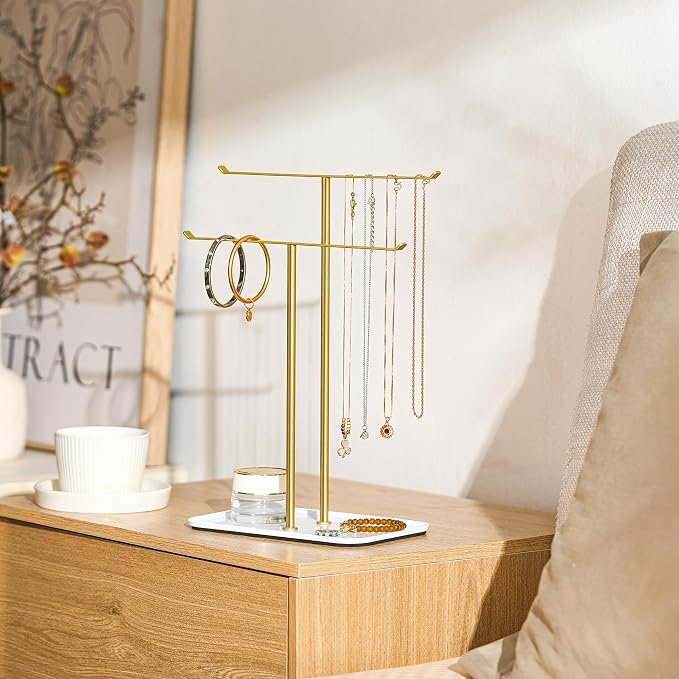 pickpiff Necklace Holder Jewelry Organizer Stand – 2‑Tier T‑Bar Jewelry Display Tree with Tray for Countertop Necklace Bracelet Earring Storage, Vanity Dresser Bathroom Sink, Gold - Image 6
