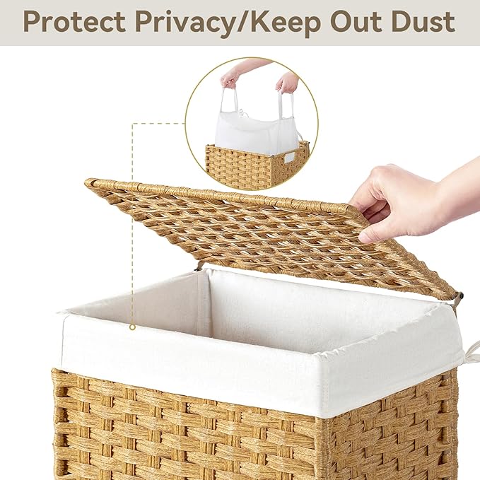 Chrislley 90L Slim Laundry Hamper with Wheels, Rolling Laundry Basket with Lid and Renovable Liner Bag, Handwoven Rattan Organizer for bedroom, bathroom, laundry room (Yellow) - Image 4