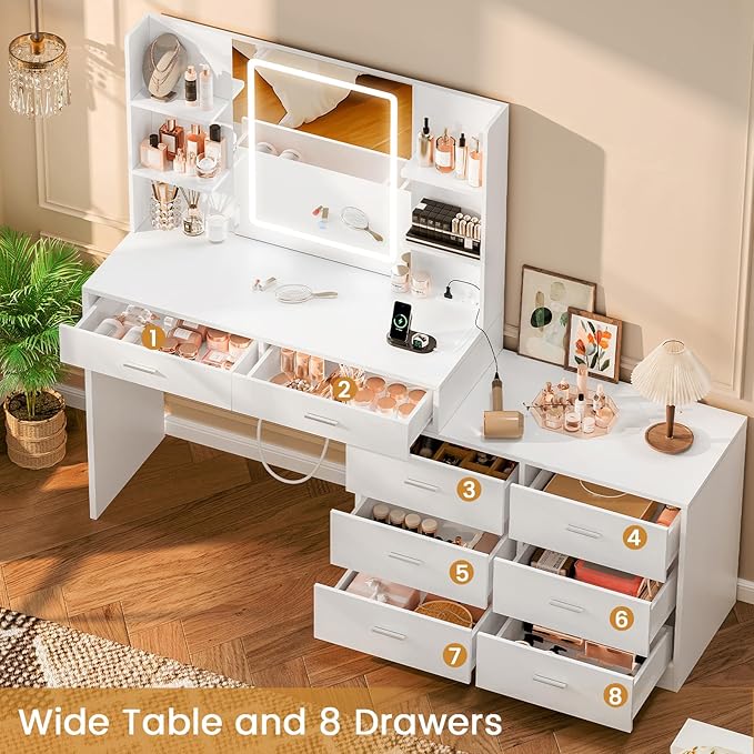 FIONESO Vanity Desk with LED Light Mirror & Power Outlet, 8 Drawers, 6 Storage Shelves, 3 Color Modes & Adjustable Brightness Makeup Vanity, Corner Vanity, L Shape Vanity, 39.4”-64.9" Desk, White