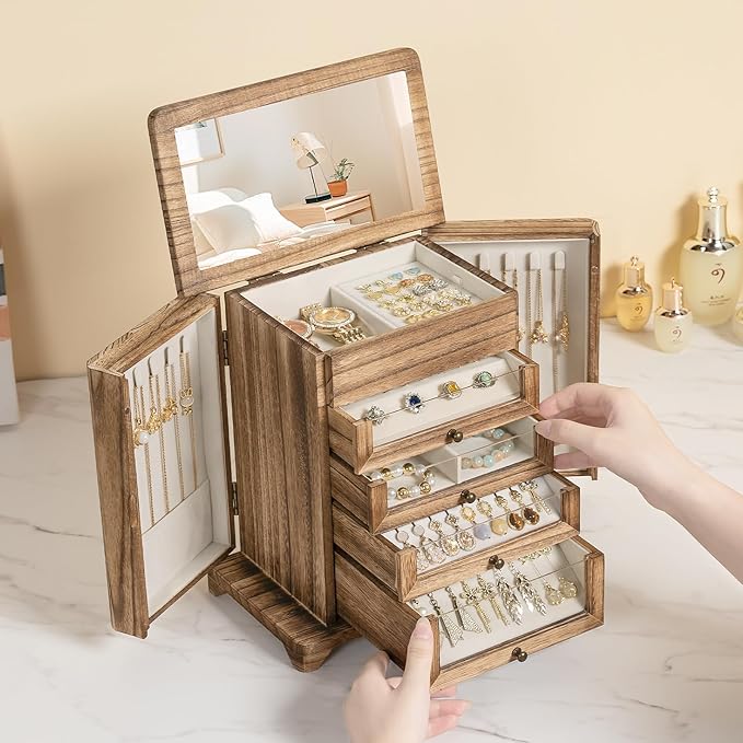 Large Jewelry Box & Organizer for Women, Wooden Jewelry Storage with 4 Transparent Drawers, Holds Necklaces, Rings, Bracelets, Earrings and Watches(Brown) - Image 2