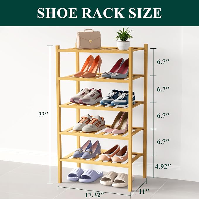 Smiry Bamboo Shoe Rack for Closet, 5 Tier Small Wooden Stackable Shoe Organizer, Free Standing Shoes Storage Shelf for Entryway, Front Door Entrance, Natural - Image 2