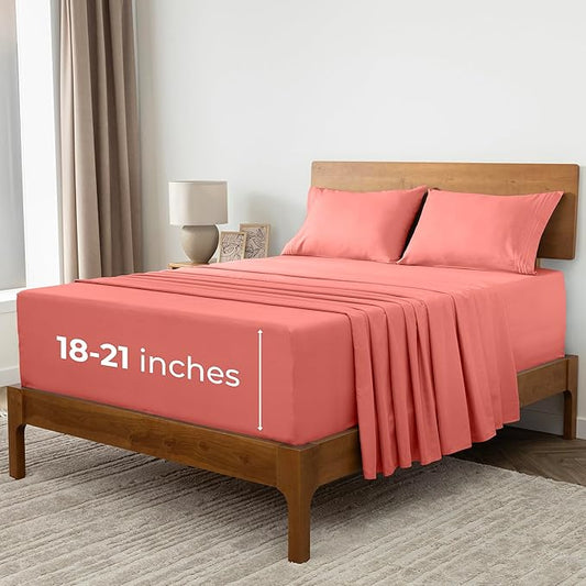 Mellanni Extra Deep King Sheets - 4 PC Iconic Collection Bedding - Hotel Luxury, Ultra Soft, Cooling Bed Sheets - Wrinkle, Fade, Stain Resistant (King, Coral)