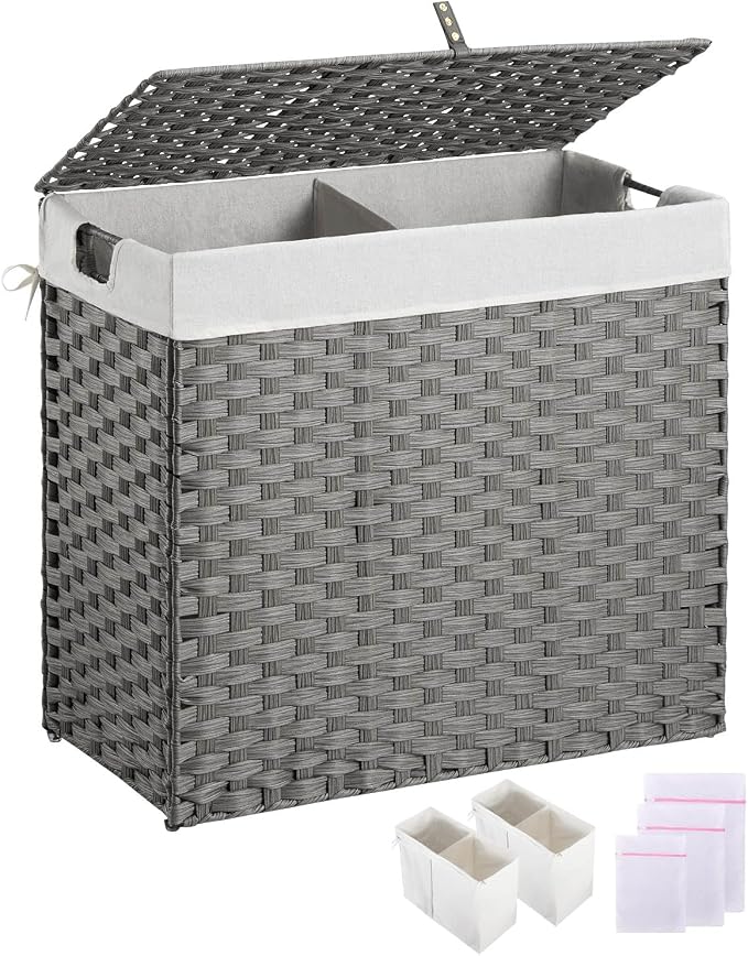 Greenstell Laundry Hamper with lid, No Install Needed, 130L Wicker Laundry Baskets Foldable 2 Removable Liner Bags, 2 Section Clothes Hamper Handwoven Rattan Laundry Basket with Handles, Gray by Greenstell