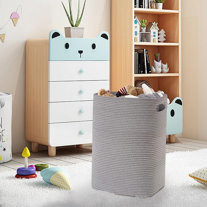 MEGASKET Large Laundry Hamper 16"x13"x22" - Tall Woven Laundry Basket, Cotton Rope Dirty Clothes Hamper, Baby Kids Nursery Wicker Laundry Basket, Bedroom Aesthetic, Soft Laundry Bin, Gray Hamper, 75L - Image 7