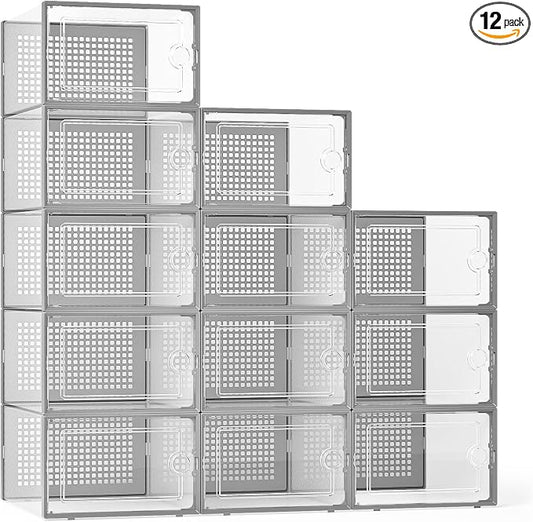Kuject X-Large Shoe Storage Boxes Organizers Clear Plastic Stackable 12 Pack, Shoe Rack & Holder Substitute, Sneaker Containers, Toy Storage Organizer Bins for Entryway, Closet, Under Bed, Grey by Kuject